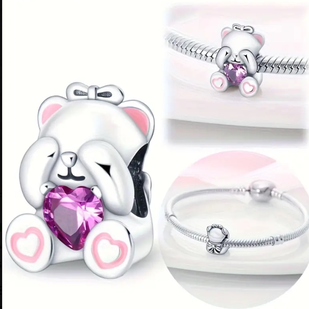 🧸 Sterling Silver Teddy Bear Pink Heart Charm
